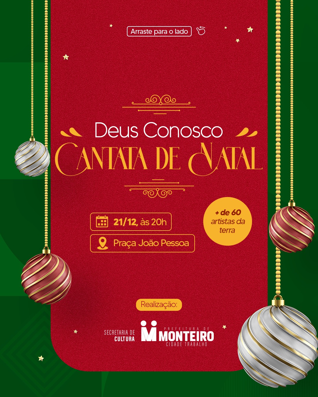 DEUS CONOSCO: Monteiro realiza Cantata de Natal com artistas da terra nesta quinta-feira 